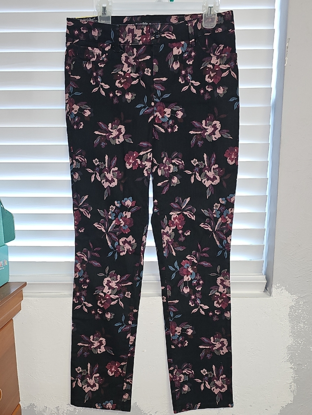Bandolino Amy Black Floral Straight Leg Pants with Pink & Blue Blooms